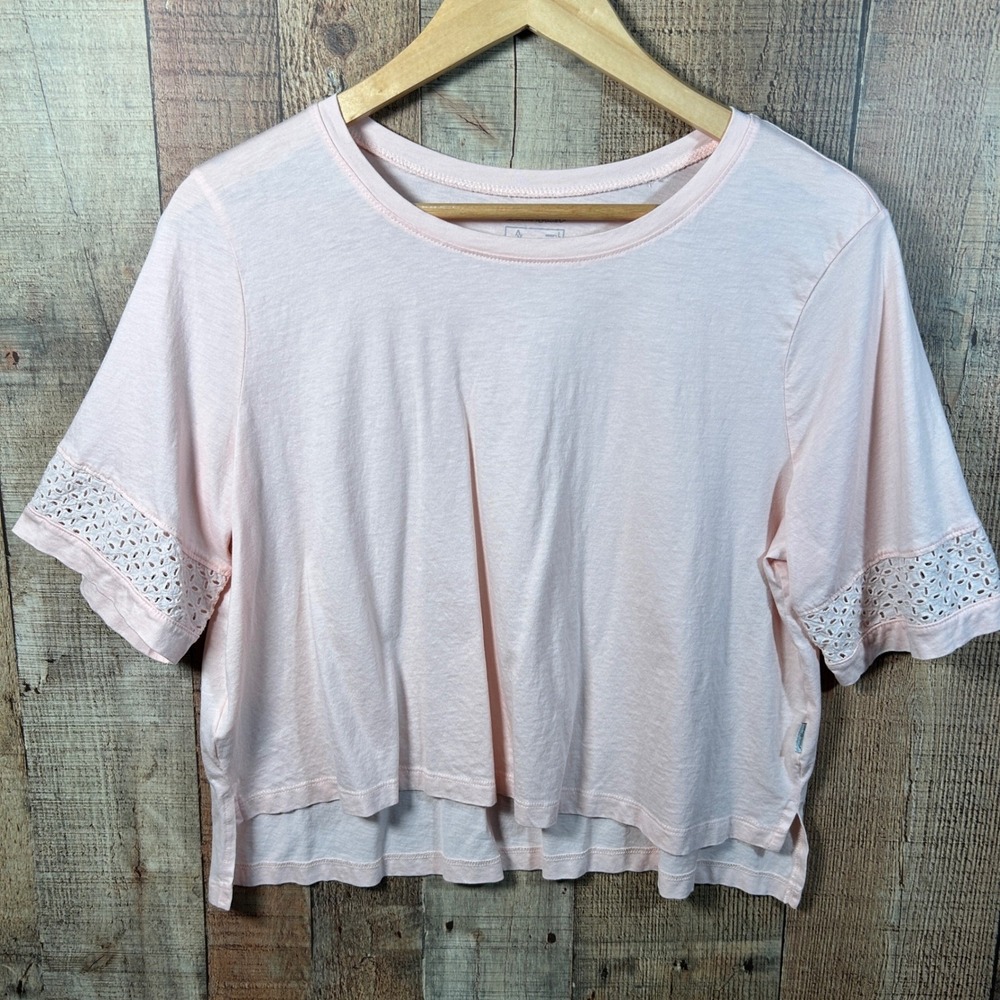 Eddie Bauer Pink Cotton Tencel Eyelet Lace Sleeve High Low Boxy T-Shirt Large L